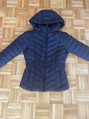 Guess Quilted Puffer Jacket with Hood and Branded Belt